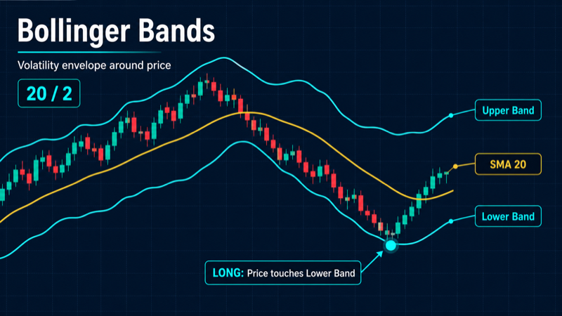 График с индикатором Bollinger Bands: верхняя, средняя и нижняя полосы вокруг цены