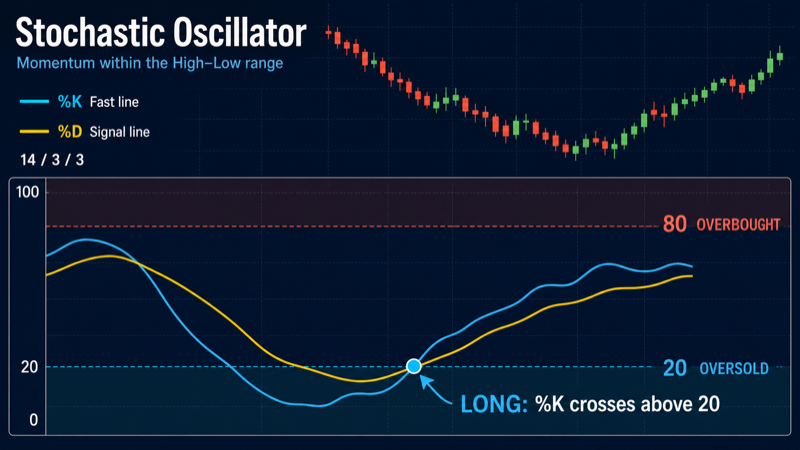 График Stochastic Oscillator с линиями %K и %D и уровнями 20 и 80