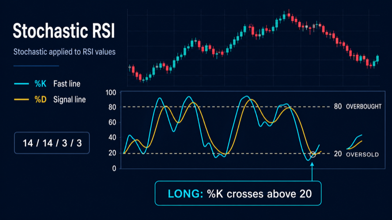 Индикатор Stochastic RSI с линиями FastK и FastD на графике криптовалюты