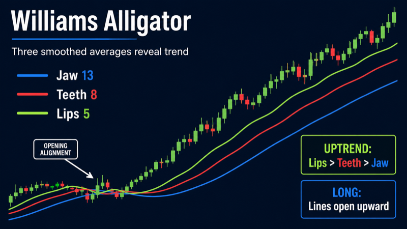 Индикатор Williams Alligator с линиями Jaws, Teeth и Lips на графике криптовалюты