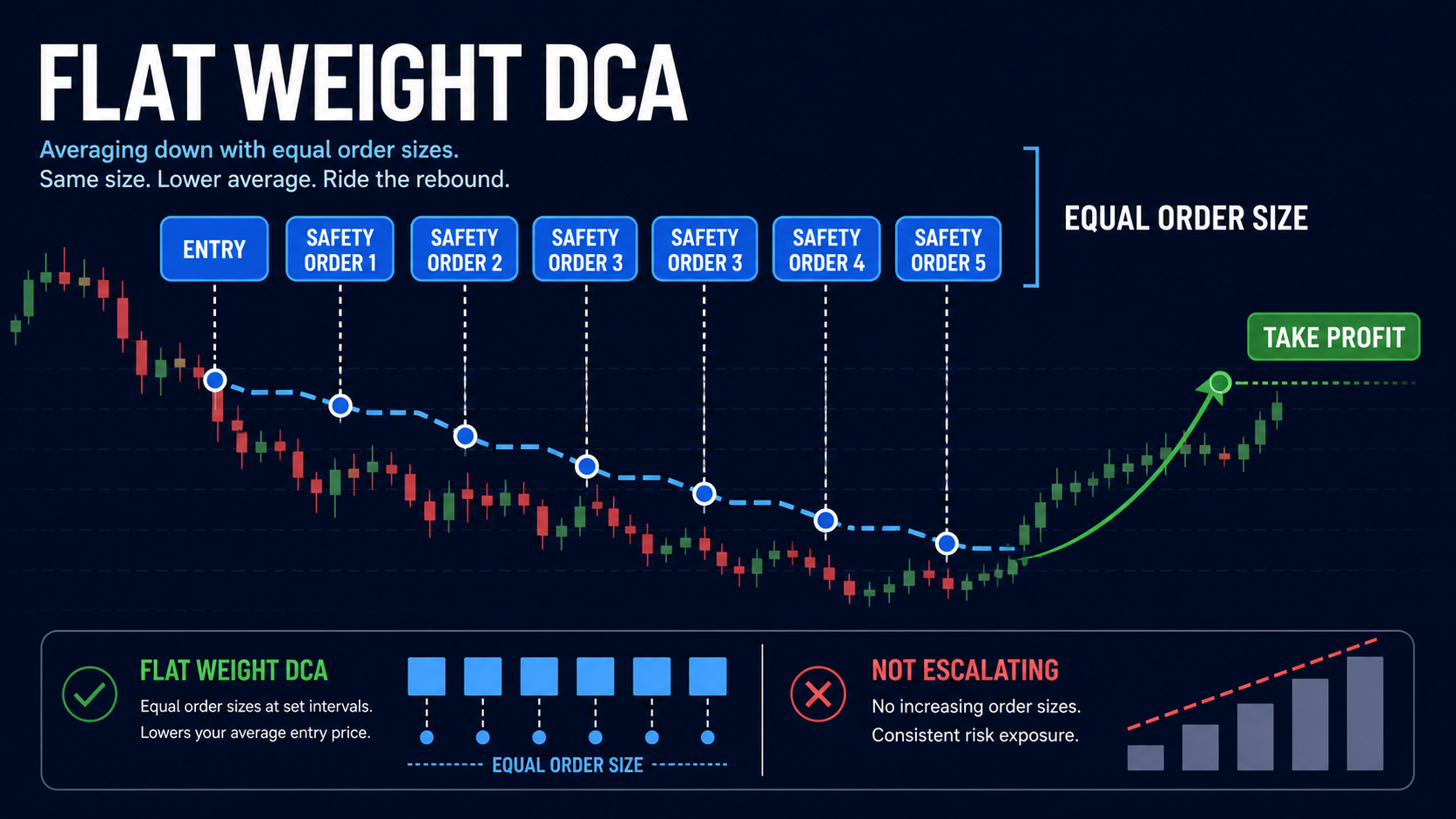 Схема Flat Weight DCA с одинаковыми страховочными ордерами и Take Profit после отскока