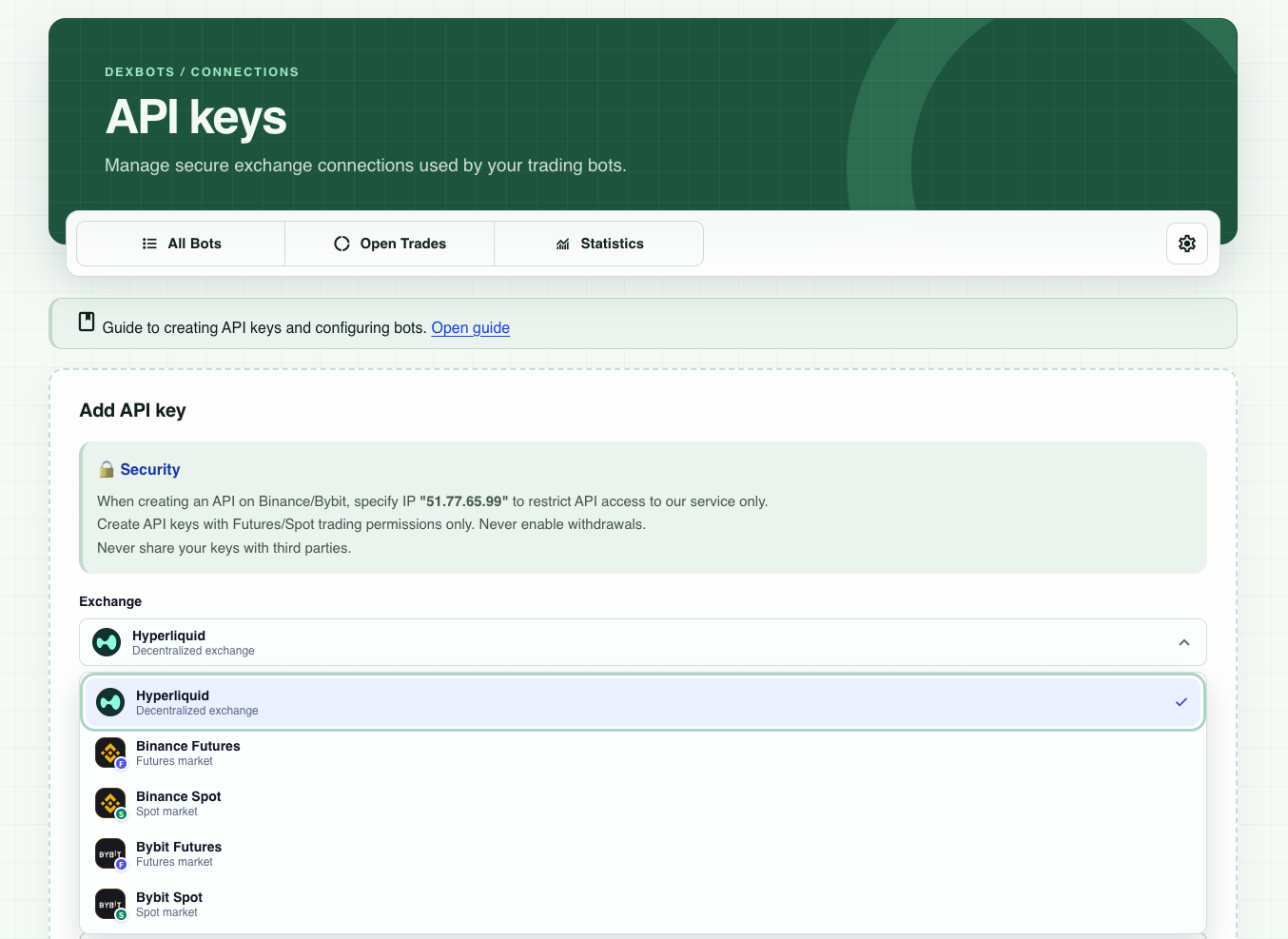Страница ELIXOAI для добавления API-ключа: выбор биржи и настройки безопасности