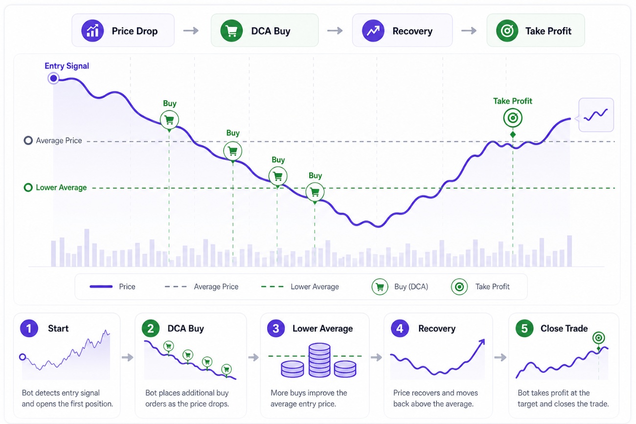DCA bot grid, average entry and Take Profit