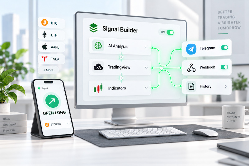 Elixo Bots Signal Builder connects AI analysis, TradingView, and indicators with Telegram, Webhook, and history